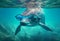 Dolphin swims with goggles. AI Generated