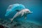 A dolphin trapped in a plastic bag in the ocean. Environmental Protection. A dolphin stuck in a plastic bag. The concept