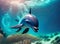 dolphin underwater on reef close coming to you. Generative AI