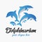 Dolphinarium oceanarium logo. Aqua, marine park with jumping dolphin element. Underwater zoo sign
