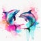 dolphins dancing in water in watercolor style