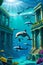 The dolphins and the fabled lost city of atlantis, ancient, fantasy, dreamy, wallpaper, animal art, underwater life, wildlife