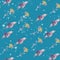 Dolphins and flowers seamless pattern. Dolphin silhouette with watercolor texture. Ink splashes. Bright pattern for background,