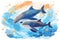 Dolphins jump in sea waves. Two dolphins playing and splashing on sea water surface, vector