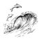 Dolphins jump in the waves brush ink sketch handdrawn serigraphy print