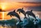 Dolphins jumping out of the water at sunset. Generative AI