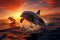 Dolphins in sea at sunset, a mesmerizing 3Drender illustration