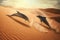 dolphins splashing across the sand dunes, ai generative