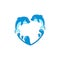 Dolphins that swim, jump on the waves, splashing water. Pair of dolphins in love -blue Heart sign. Cute Marine pattern