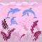 Dolphins swim in the ocean. Illustration of the seabed. Fish and algae. Vector drawing