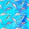 Dolphins variety: common bottlenose, Short-beaked, Atlantic Spotted and Risso`s, seamless pattern on bright blue ocean surface