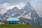 Dombay, Russia - June 09, 2022: hotel is in the form of a flying saucer on the mountain, flying saucer in the mountains, UFO in