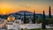 dome of the rock with Olive trees and the walls of Jerusalem, Al Aqsa, Palestine. Landscape view at sunset