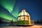 a dome-shaped aurora viewing station lit in green hue