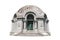 Dome-shaped stone mausoleum with Christian symbols and wrought-iron gate isolated on a white background