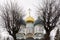 Domes of a Christian church in the Trinity Lavra of St. Sergius against the backdrop of a gloomy sky. Close-up