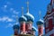 Domes of the Church of St Dmitry on the Blood. Beautiful Orthodox Church on the banks of the Volga, Kremlin Uglich, Russia