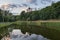 Domes of the monastery are reflected in the lake of Theophany Park. Kiev