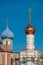 Domes of ortodox church over the blue sky, Russia, Ryazan Kremlin.