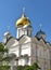 Domes of Russian Orthodox church dedicated to Archangel Michael at Cathedral Square in Moscow Kremlin. Spring