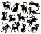 Domestic Animals Concept. A Set Of Black Cats With Yellow Eyes In Different Positions Isolated On White Background. Cute