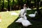Domestic bird animals in the backyard. Turkey duck and chicken in the yard. Village home with domestic animals in the