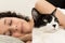 Domestic black and white cat and female owner sleeping in background. Concept of tranquility, peace