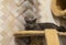 Domestic British noble cat portrait lay on a pet soft pet lounge interior object on wallpaper background and looking somewhere