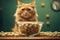 A domestic cat with a bowl full of cat treats, neutral background