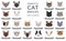 Domestic cat breeds and hybrids portraits collection isolated on white. Flat color cat`s head style set