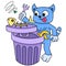 Domestic cat enjoying its food fish waste sampah, doodle icon image kawaii