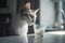 Domestic cat with glass of milk on kitchen counter. Generative AI