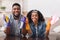 Domestic Chores Concept. Cheerful black couple posing while cleaning up house together