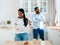 Domestic Conflicts. Portrait Of Offended African Spouses Standing In Kitchen After Argue