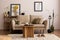 Domestic and cozy interior of living room with beige sofa, plants, shelf, coffee table, boucle rug, mock up poster frame, side