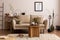 Domestic and cozy interior of living room with beige sofa, plants, shelf, coffee table, boucle rug, mock up poster frame, side