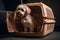 Domestic cute dog sits in a plastic carrier for travel and transportation