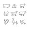 Domestic and farm animals thin line art icons set