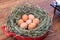 Domestic hens nest with brown eggs at home surroundings