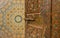 Domestic room interior mosaic details inside historic Telouet kasbah ruin, Morocco