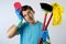 Domestic service man or stressed husband housework washing with sponge mop and broom