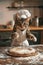 Domestic shorthaired cat in chefs hat and apron by pizza on table