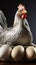 Domestic silver hen dedicatedly sits on a nest of eggs.