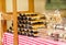 Domestic strudels with flavor of poppy seeds and walnuts for sale at Christmas market place outdoors.