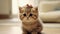 Domestic tabby kitten sits in a relaxed pose on a light gray floor.