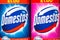 Domestos bleach bottles side by side. Original blue and pink which lasts 3x longer.