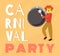 Dominican carnival party banner vector template. Latino drummer, musician in animal mask playing drum cartoon character