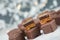 Domino stones, a german traditional christmas sweet with gingerbread, marzipan and jelly covered with brown chocolate, Dominostein