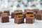 Domino stones, a german traditional christmas sweet with gingerbread, marzipan and jelly covered with brown chocolate, Dominostein