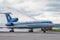 Domodedovo airport, Moscow - July 11th, 2015: Tupolev Tu-154M EW-85748 of Belavia Airlines greeted by water arch